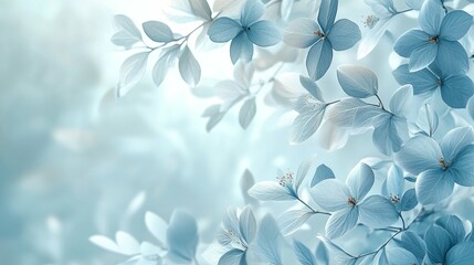 Wall Mural - Delicate Blue Flowers and Leaves on a Blurred Background