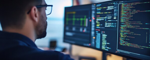 Close-up of an engineer programming carbon capture software, complex code on screens, technology development in green industries