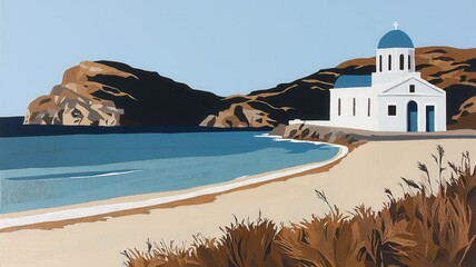 A serene beach scene featuring a traditional white church and blue dome, surrounded by tranquil waters and rocky hills.