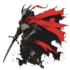 Canvas Print - Dark Knight with Red Cape and Sword.