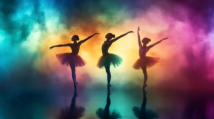 Canvas Print - Three ballerinas gracefully pose in dramatic lighting against a colorful, misty backdrop, showcasing elegance and movement. 