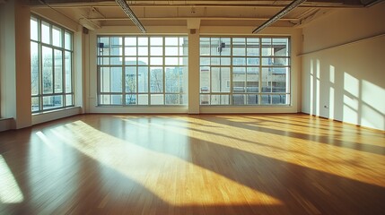 Poster - An empty dance studio featuring wooden floors and large windows, ready for dancers to practice and perform.