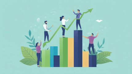 Business team collaborating to achieve growth and success, depicted with rising charts and teamwork in a nature-inspired setting, symbolizing sustainability and progress.