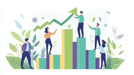 Business team collaborating to achieve growth and success, depicted with rising charts and teamwork in a nature-inspired setting, symbolizing sustainability and progress.