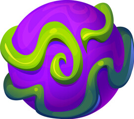 Poster - Cartoon fantasy galaxy alien space planet featuring purple surface with green, swirling patterns, floating in dark starry space, exudes a magical, surreal glow. Vector fantastical otherworldly sphere