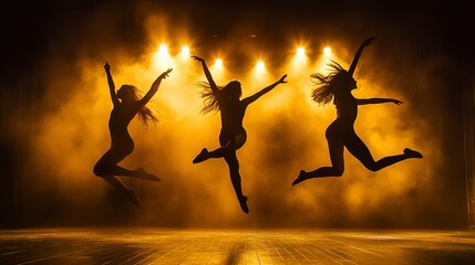 Wall Mural - silhouettes of three female dancers leaping in the air under golden stage lights during a performance. 