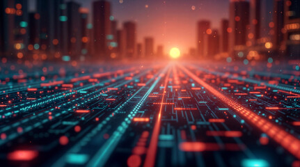 Poster - abstract digital background, city on the horizon. Generative AI