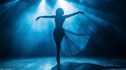 Poster - Elegant dancer performing solo under dramatic stage lighting, creating a captivating theatrical atmosphere.