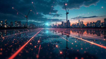 Poster - abstract digital background, city on the horizon. Generative AI
