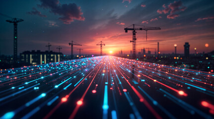 Poster - abstract digital background, city on the horizon. Generative AI