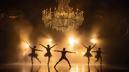 Wall Mural - Silhouettes of dancers performing under a grand chandelier in a dark, atmospheric setting 