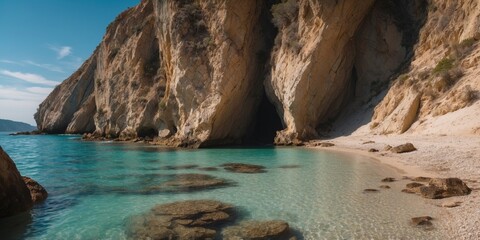 Scenic view of a secluded beach in a coastal area during bright daylight with clear turquoise waters and rocky cliffs.