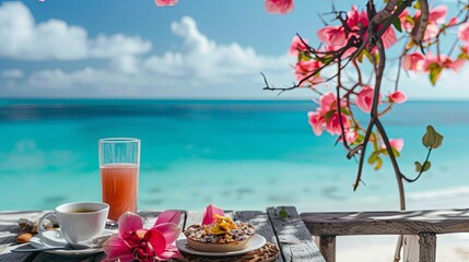 A breakfast and flowers set against the backdrop of a turquoise ocean