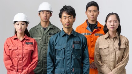 Five workers in diverse uniforms showcasing teamwork and industry against a neutral backdrop. Generative AI