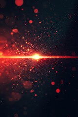 Poster - Red laser beam with dynamic lens flare and glowing particles on a dark background for technology and futuristic themes