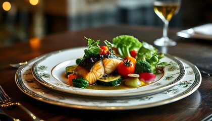 Elegant restaurant table with a luxury dinner plate showcasing a vegetable fish dish being perfected by a skilled woman chef, highlighting vibrant textures and details