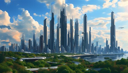 Futuristic skyline of a towering city emerging through the clouds, showcasing innovative architecture and a dynamic urban landscape.