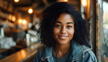 Cheerful young black woman enjoying a moment on a serene city street by a quaint cafe