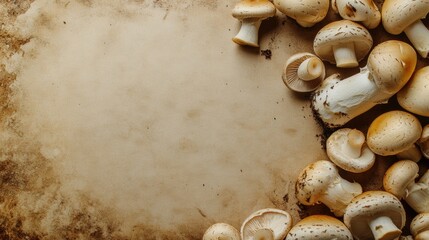 Fresh mushrooms arranged on a rustic beige background with place for text.