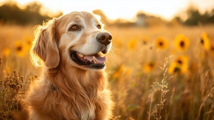 Wall Mural - A dog is sitting in a field of sunflowers with his tongue out, AI