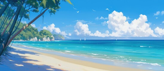 Painting of a serene beach showcasing the natural beauty of a tropical coastline