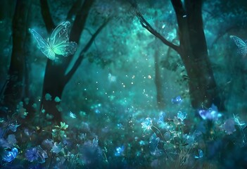 A night in a sparkling magical forest. magical flowers, magical butterflies and magical trees. fairy tale concept.