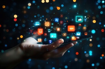 Poster - Hand Holding Smartphone with Digital Icons
