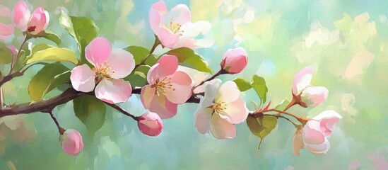 Painting of a branch with blooming pink apple flowers