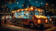 © Barosanu - A cheerful orange food truck adorned with decorative lights and vibrant designs, serving food items to customers amidst an energetic night fair setup with string lights.