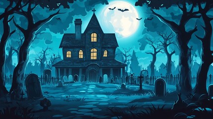 Haunted house under a full moon with trees and graveyard for Halloween night. Perfect for party invites, social media, and event promotions.