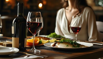 Chic dining experience featuring wine and a delectable fish dish, with a poised female patron enjoying the ambiance