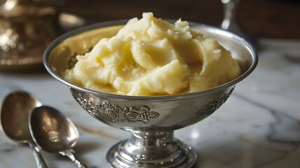 In the crimson home velvety creamy potatoes in a silver bowl