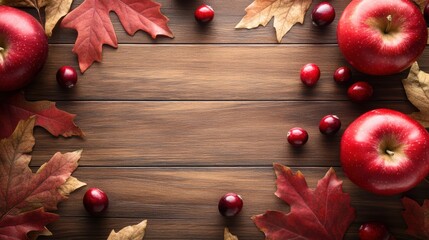 Poster - A wooden table with apples and leaves on it, AI