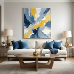  A modern living room with a large abstract painting on the wall, featuring a mix of blue, yellow, and white colors. The room has a neutral color palette.