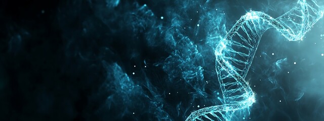 Poster - Glowing Blue DNA Helix in Abstract Smoke