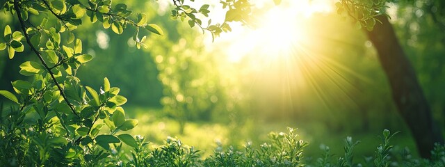 Wall Mural - Sunbeams Through Lush Foliage and Blooming Plants in a Forest