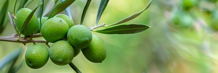 Wall Mural - Green olives on olive trees against a blurred natural background on a sunny day, Mediterranean agricultural concept.