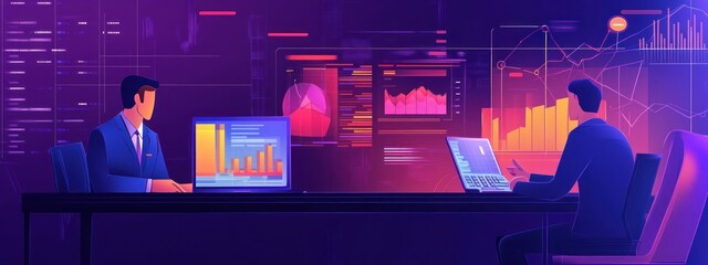 Poster - Data Analysis and Business Strategy: Two Business Professionals in a Modern Office Setting Reviewing Data on Computers and Screens