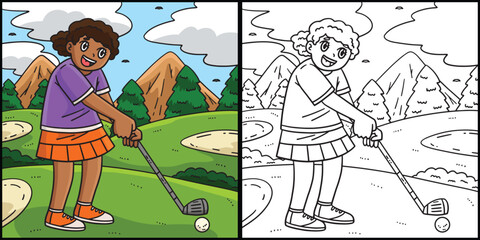 Poster - Golf Female Golfer Aiming Coloring Illustration