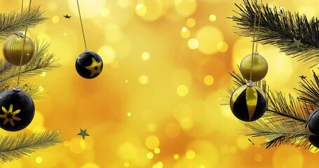 Poster - Christmas trees with swinging black and gold baubles and stars over yellow bokeh light spots