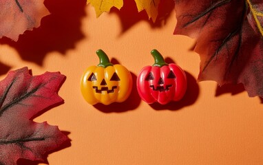 Two colorful pumpkin-shaped ornaments on an orange background with decorative autumn leaves.