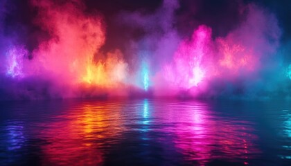 Poster - Vibrant neon light effects and energy waves set against a dark abstract backdrop Colorful laser display with light reflections on water accompanied by smoke and fog 3D illustration