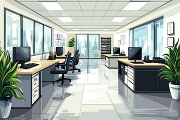 Poster - Modern Office Interior with Desk, Computer, and Window View.