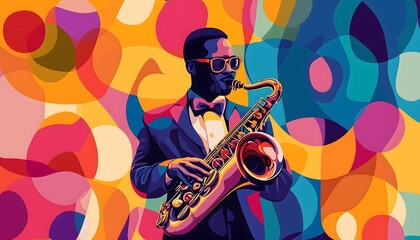 Wall Mural - A vibrant and multicolored illustration of a saxophonist