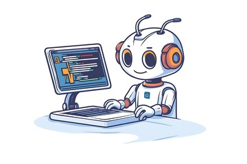 Canvas Print - Friendly Robot Character Working On a Computer.