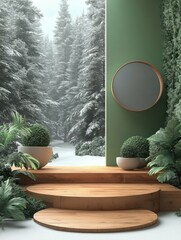 A quiet cabin in a snowy forest clearing in 3D rendered minimalist style with empty circle podium.