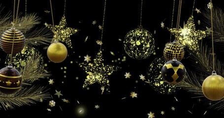 Wall Mural - Swinging gold stars and black and gold christmas baubles over falling snowflakes on dark background