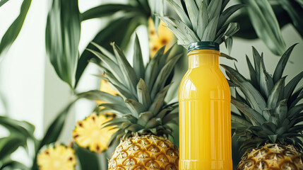 Wall Mural - Pineapple juice bottle mockup hanging on pineapple plant