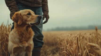 Canvas Print - A dog standing in a field with its owner, AI