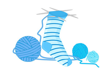 Knitted socks, balls of yarn and knitting needles on white background. Four knitting needles with yarn. Winter knitted clothes. Wool knit. Symbol of hobby, needlework, homework. Vector illustration